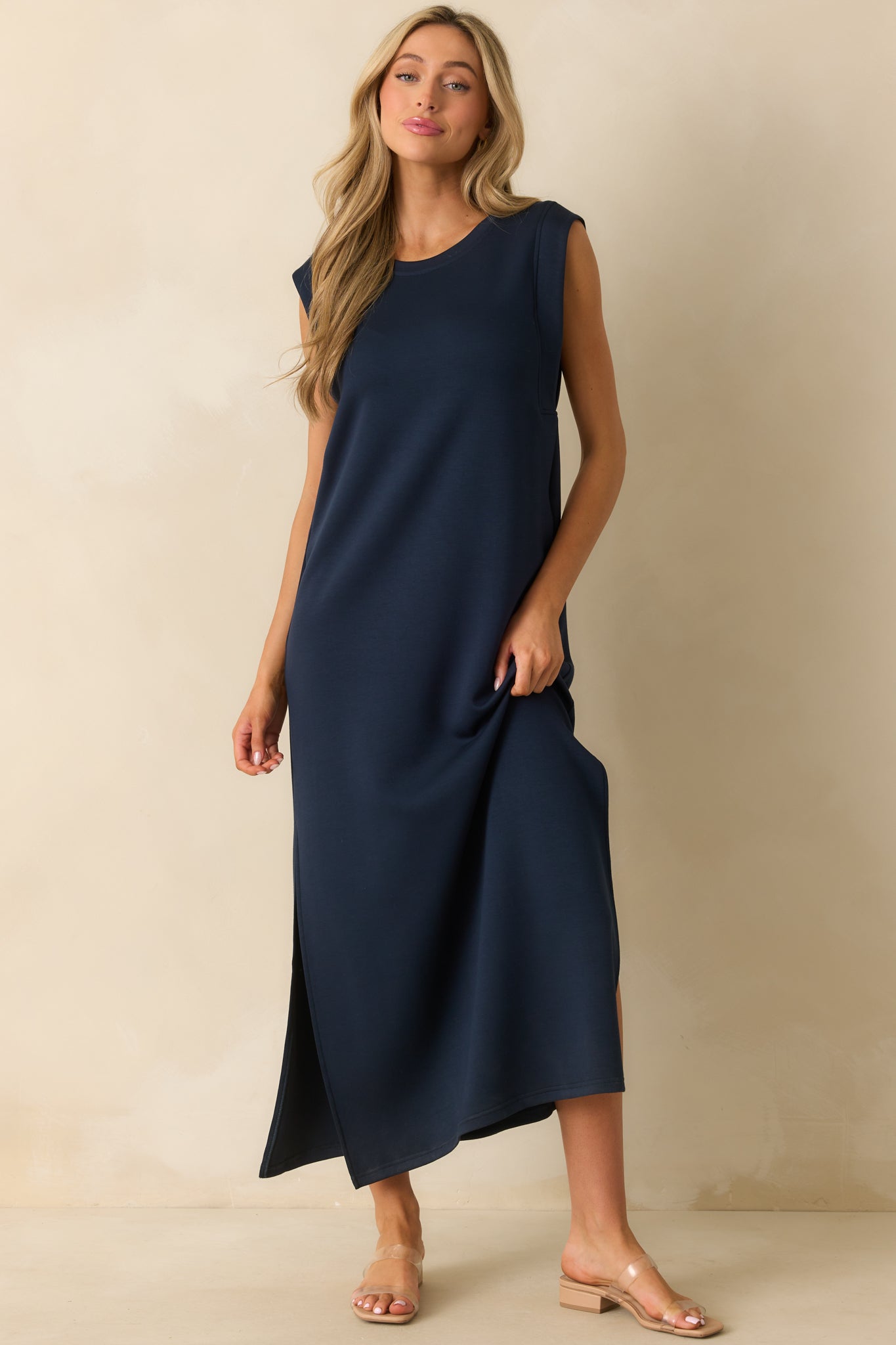 Casual maxi with a crew neckline, highlighting the lightweight, drapey silhouette.