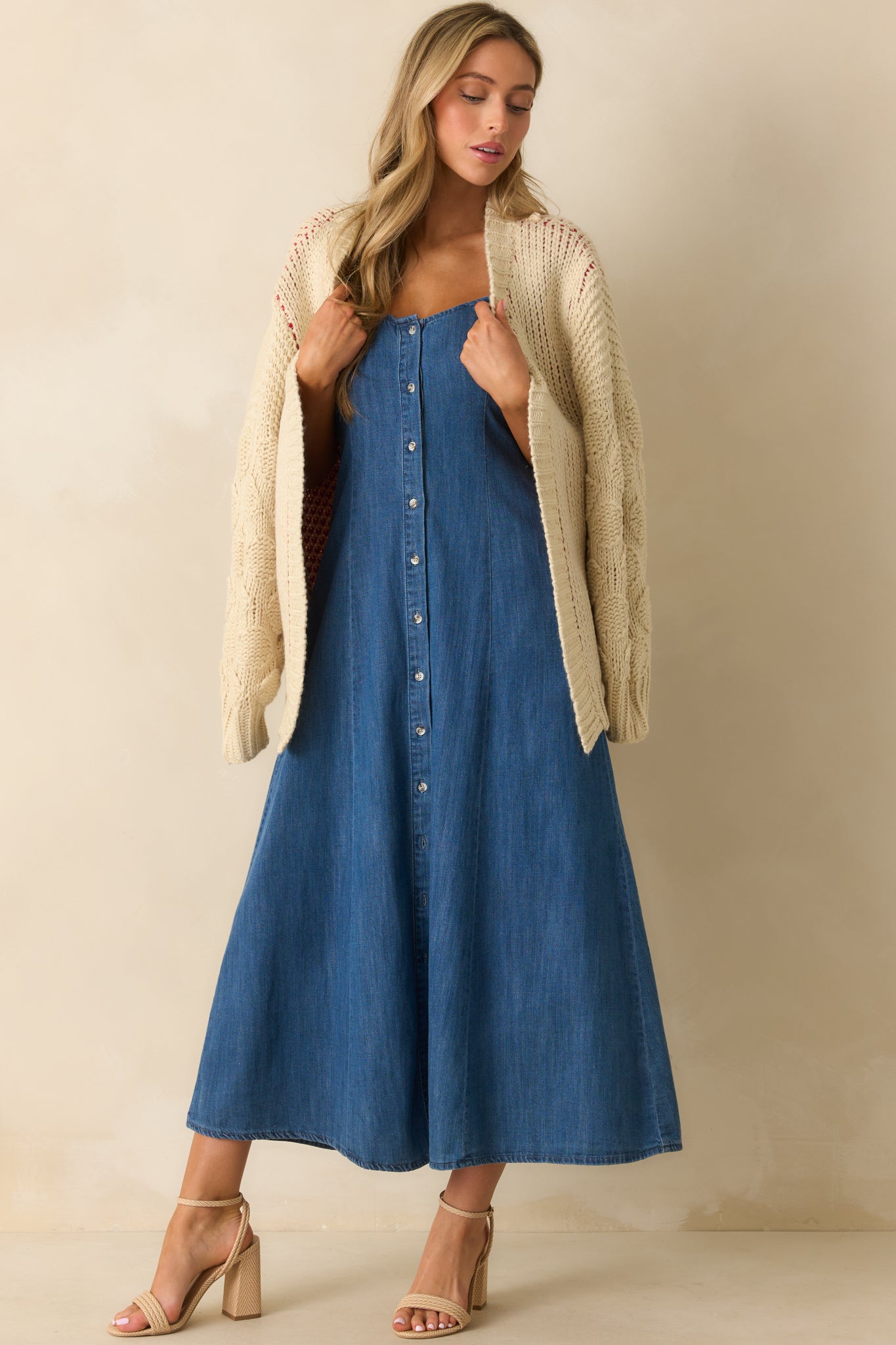 Z Supply Angel Eyes Denim Midi Dress In Medium Wash Cotton | Red Dress