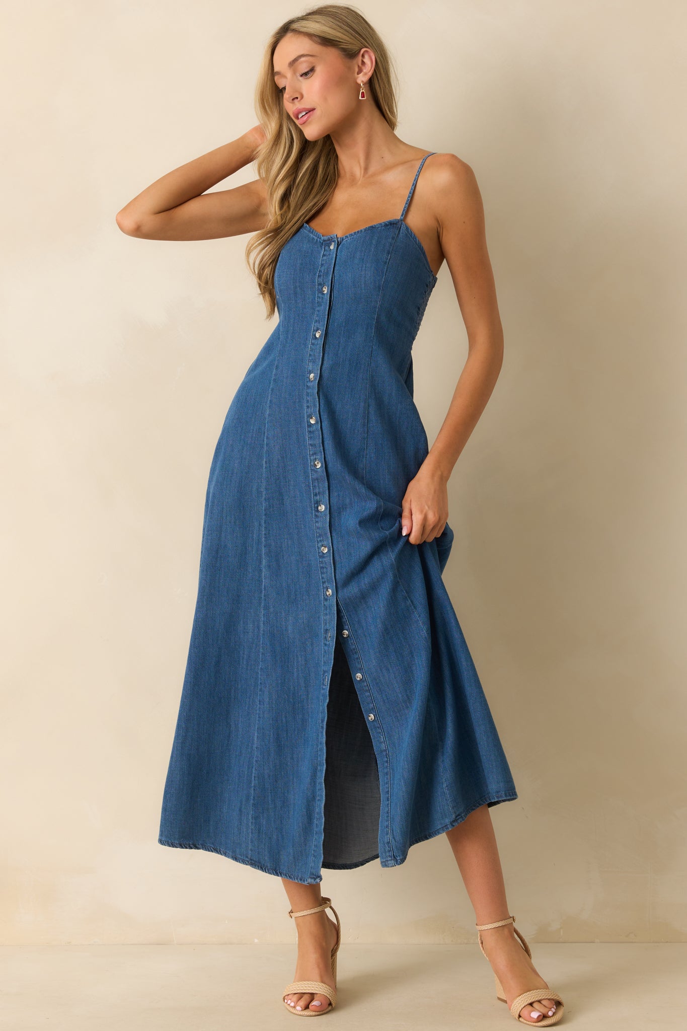 Z Supply Angel Eyes Denim Midi Dress In Medium Wash Cotton | Red Dress