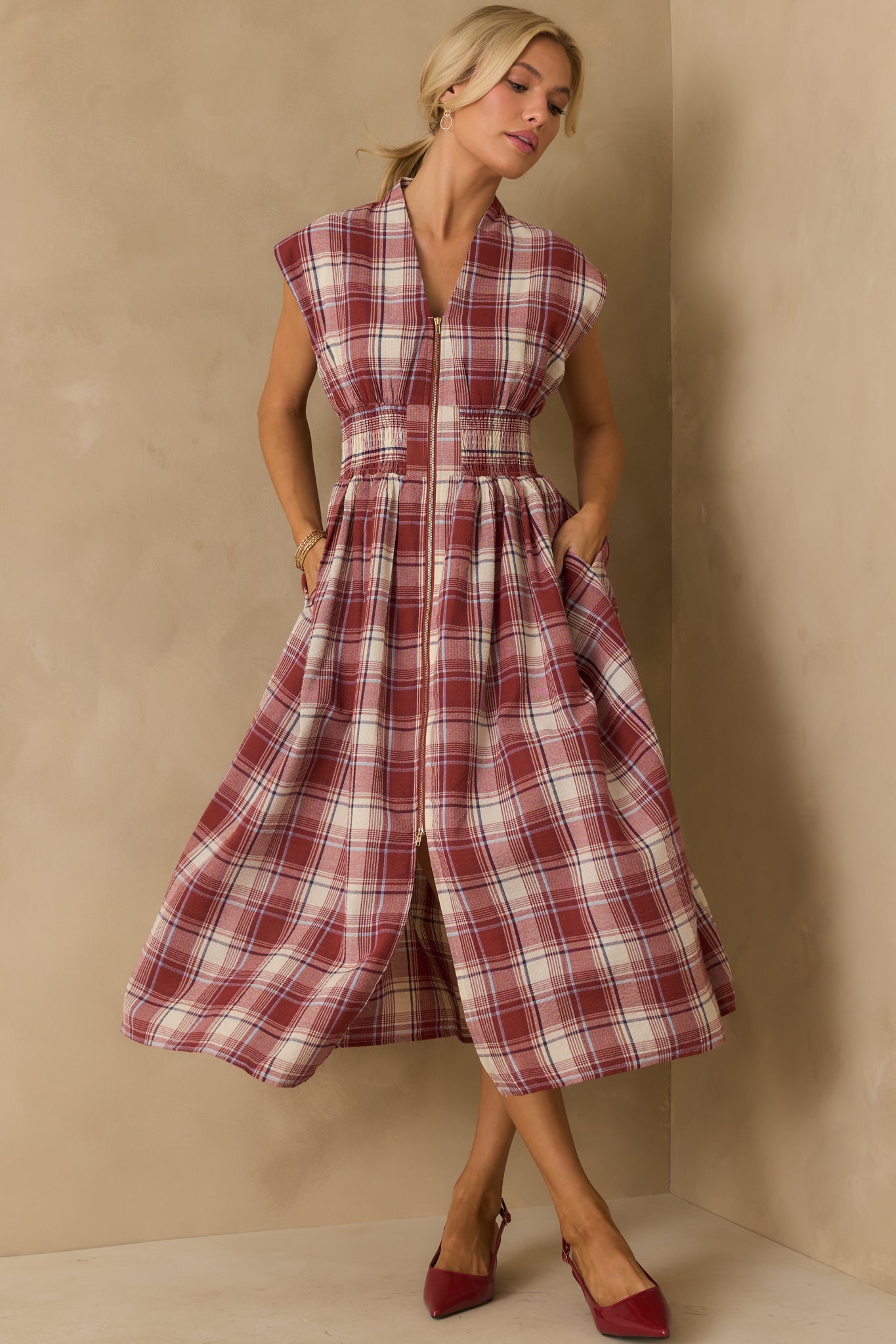Anduze Belted Check Dress♡ rouge♡S Shipping in mid September】Anduze Belted Check Dress