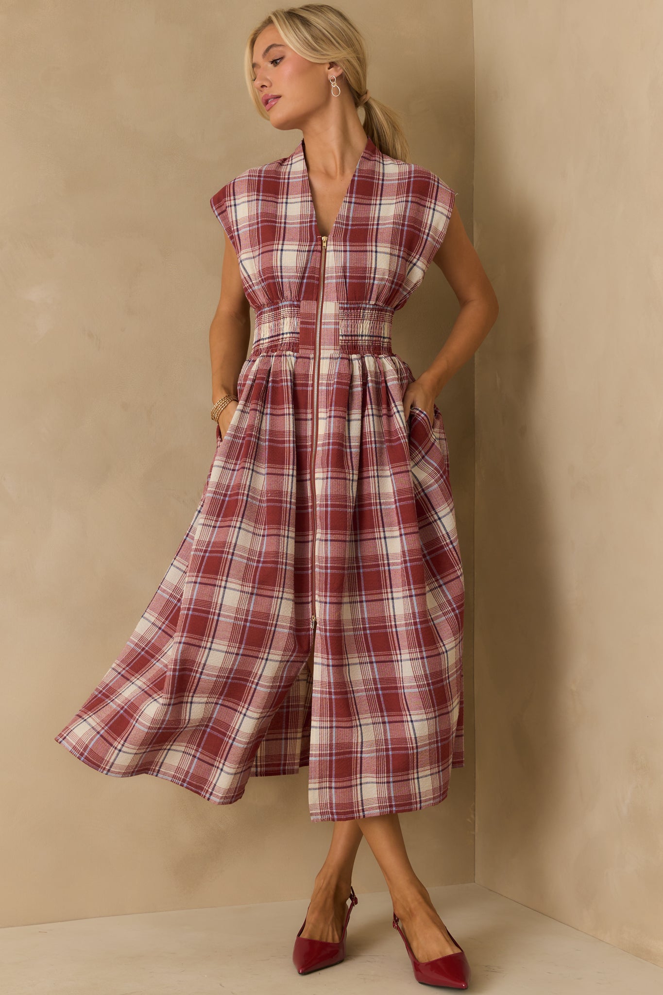 Red Tartan Plaid Cotton Zip Front Dress Midi Dresses Red Dress