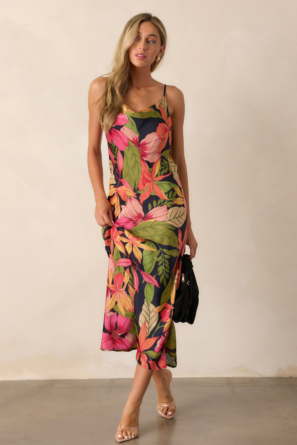black midi dress with red flowers Black Floral Midi Dress - All Dresses