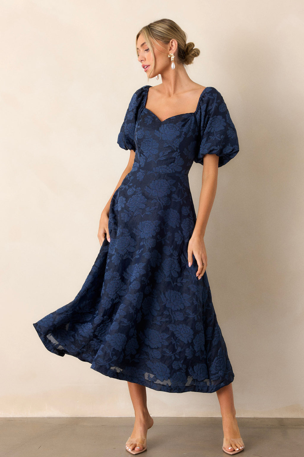 Navy Floral Jacquard Midi Dress - All Dresses