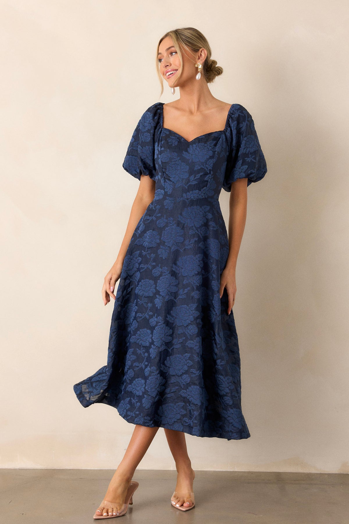 Navy Floral Jacquard Midi Dress - All Dresses | Red Dress