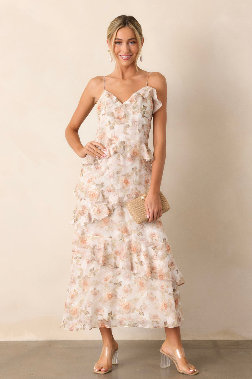 Ivory Floral Ruffle Midi Dress