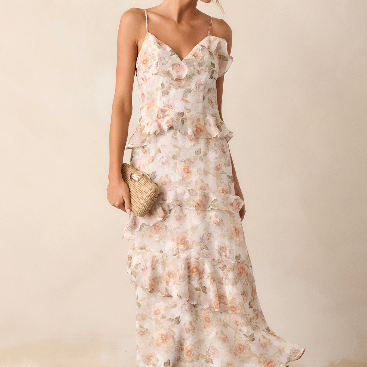 Ivory Floral Ruffle Midi Dress - All Dresses