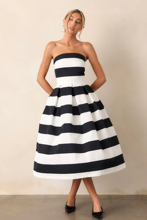 Black & White Stripe Strapless Midi Dress