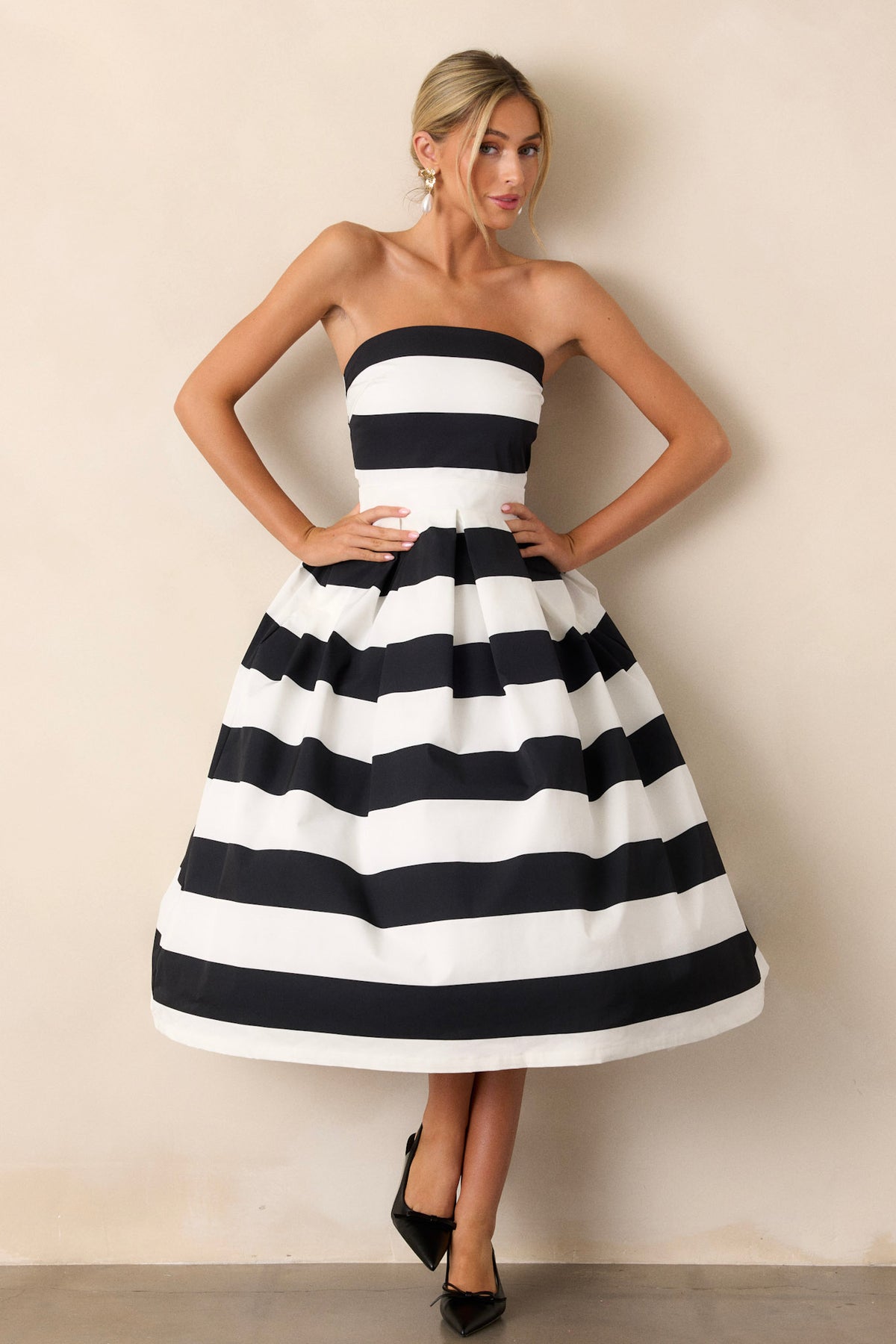 Black & White Stripe Strapless Midi Dress