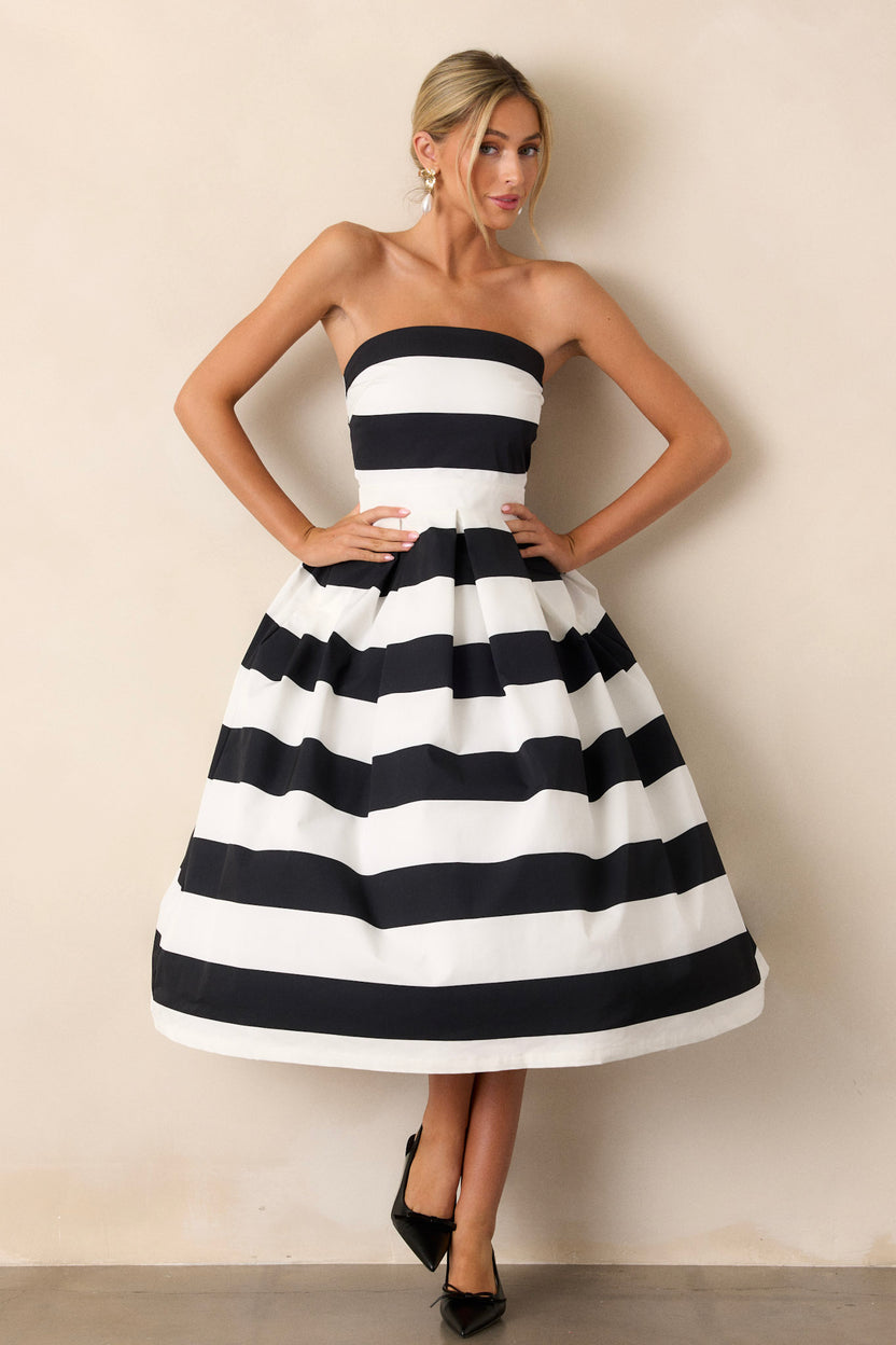 Black & White Stripe Strapless Midi Dress