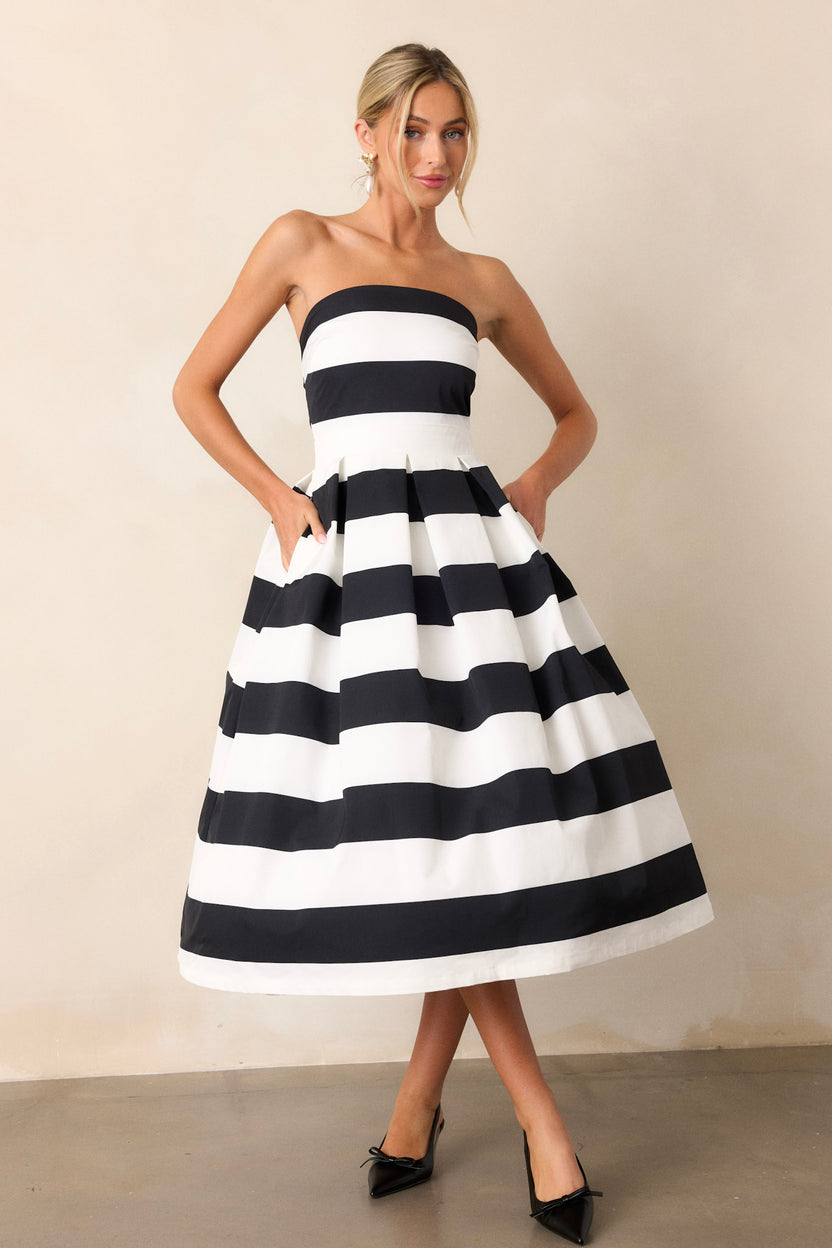 Black & White Stripe Strapless Midi Dress