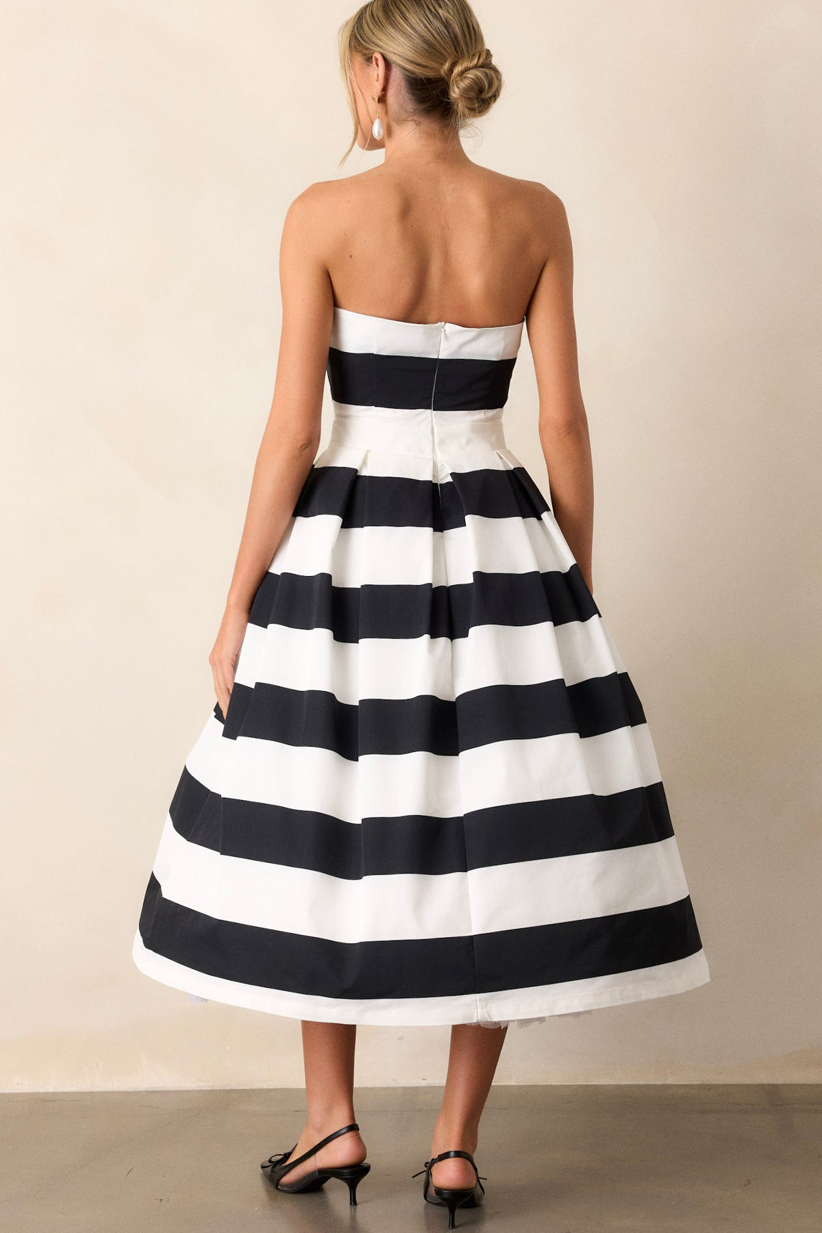 Black & White Stripe Strapless Midi Dress