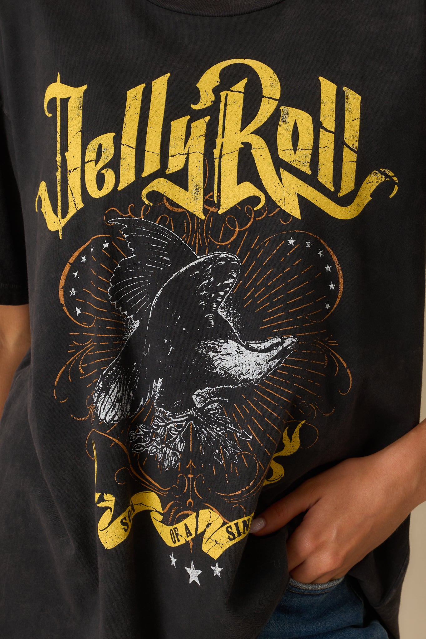 A close-up detail of the “Son Of A Sinner” inspired front graphic with textured print elements.