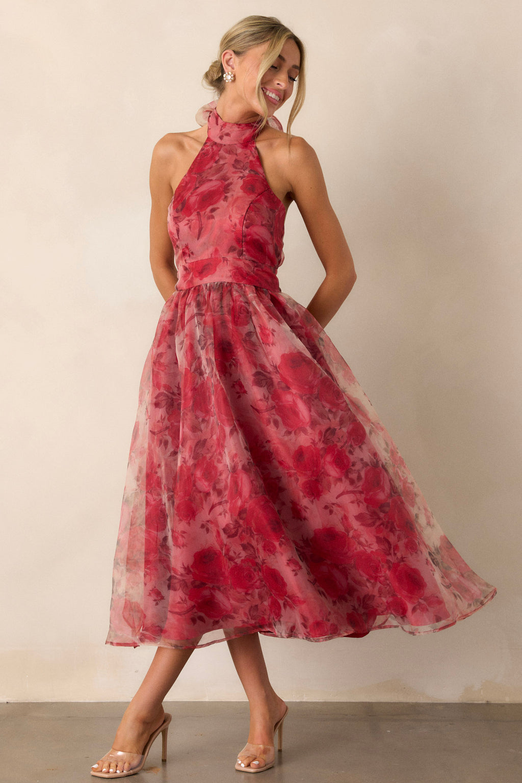 Brick Red Floral Halter Midi Dress - Event Dresses