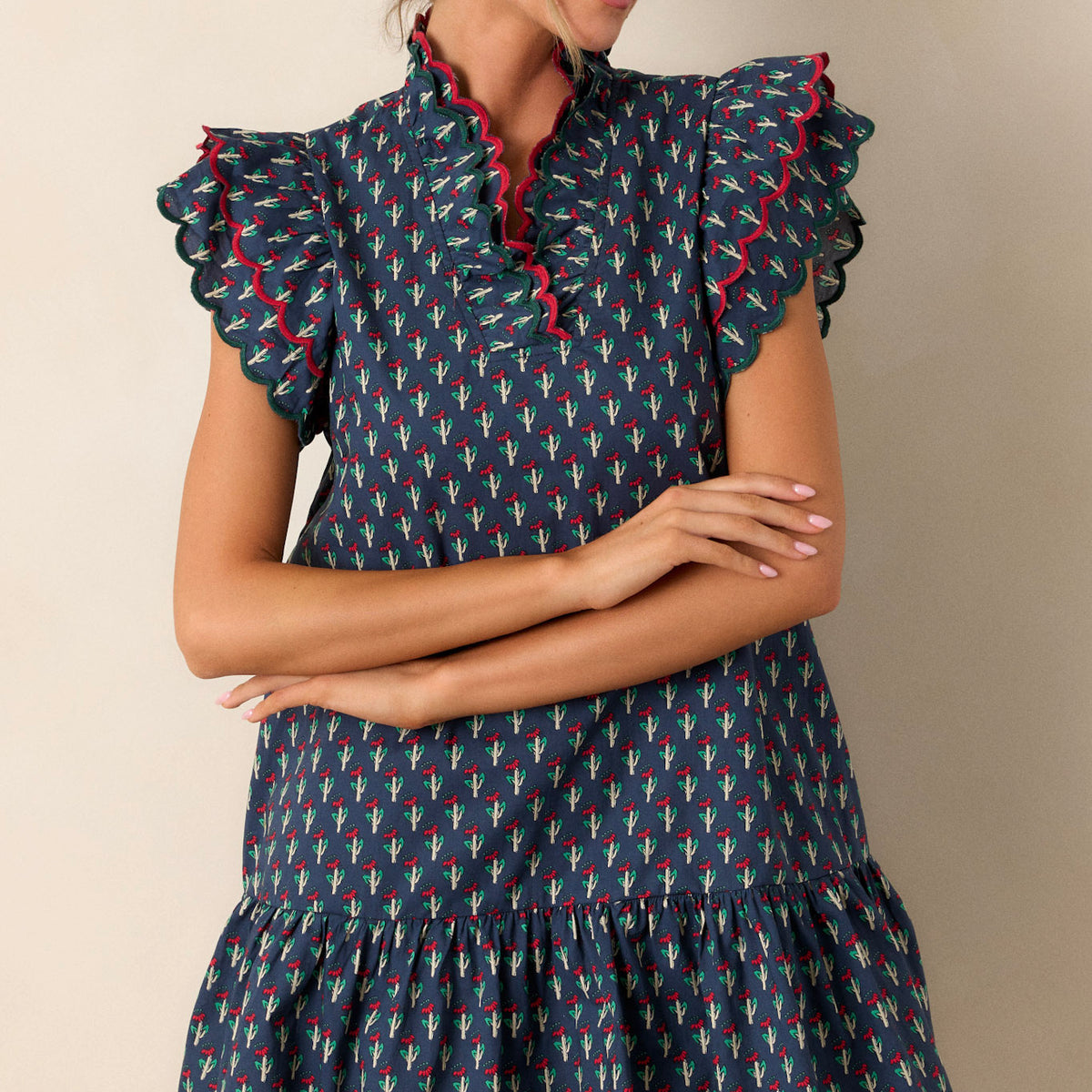 100% Cotton Navy Floral Mini Dress - All Dresses