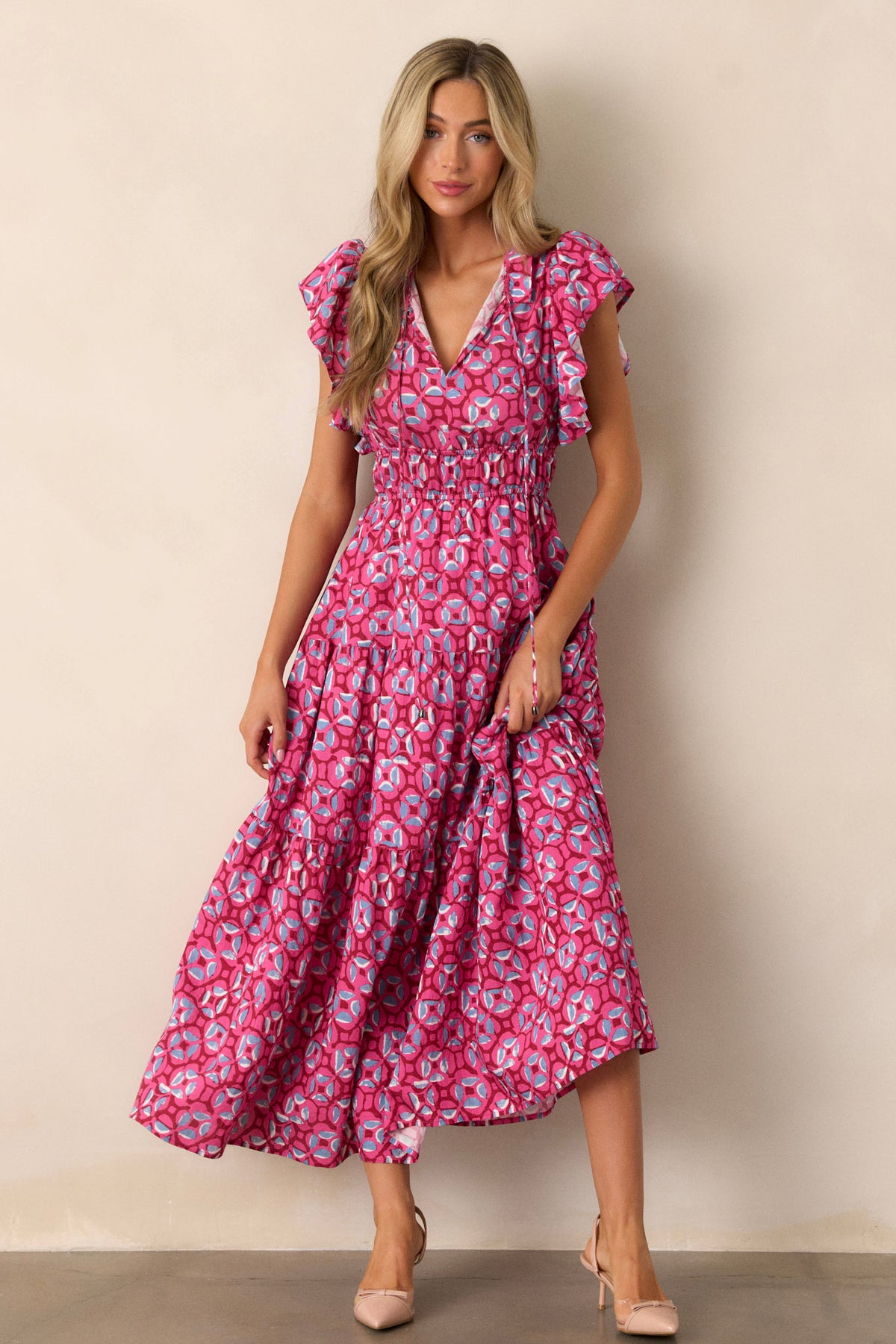 Pink Ruffle Sleeve Maxi Dress