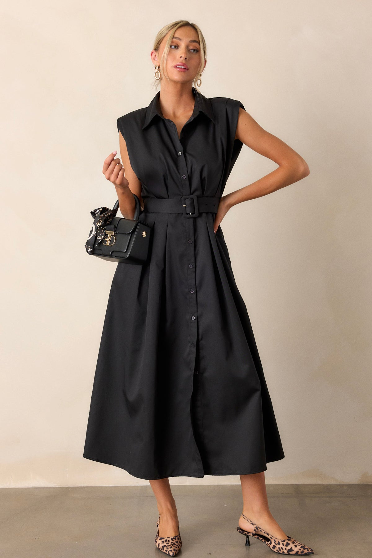 Dark Leaf Black Midi Dress with Halterneck and Waist Belt