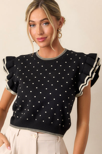 Black Polka Dot Flutter Sleeve Sweater - All Tops | Red Dress Black Polka Dot Flutter Sleeve Sweater - All Tops | Red Dress