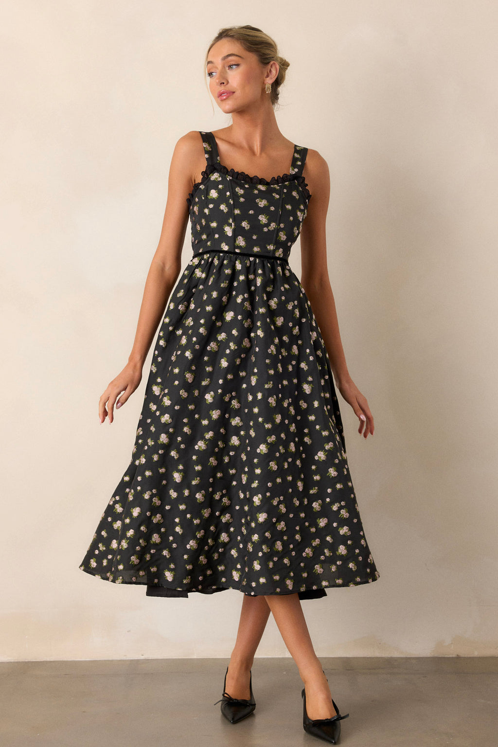 Black Floral Midi Dress - All Dresses