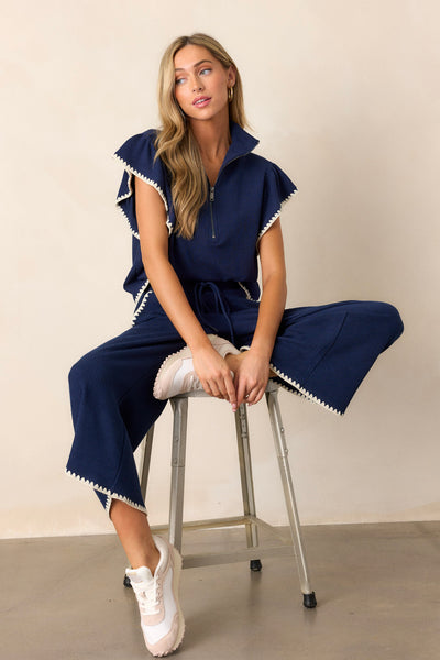 Navy Blanket Stitch Quarter Zip Sweater - All Tops | Red Dress