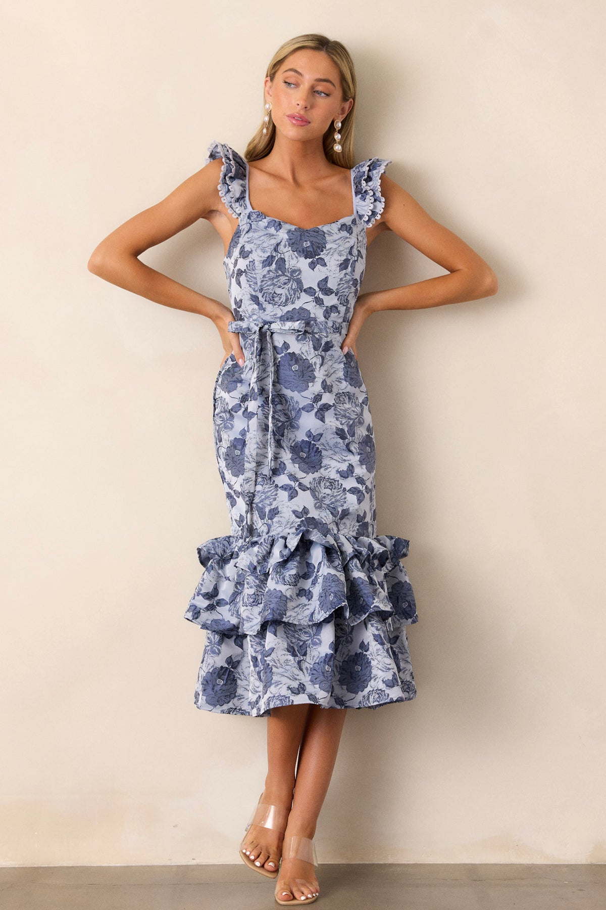 Blue Floral Ruffle Midi Dress - All Dresses | Red Dress