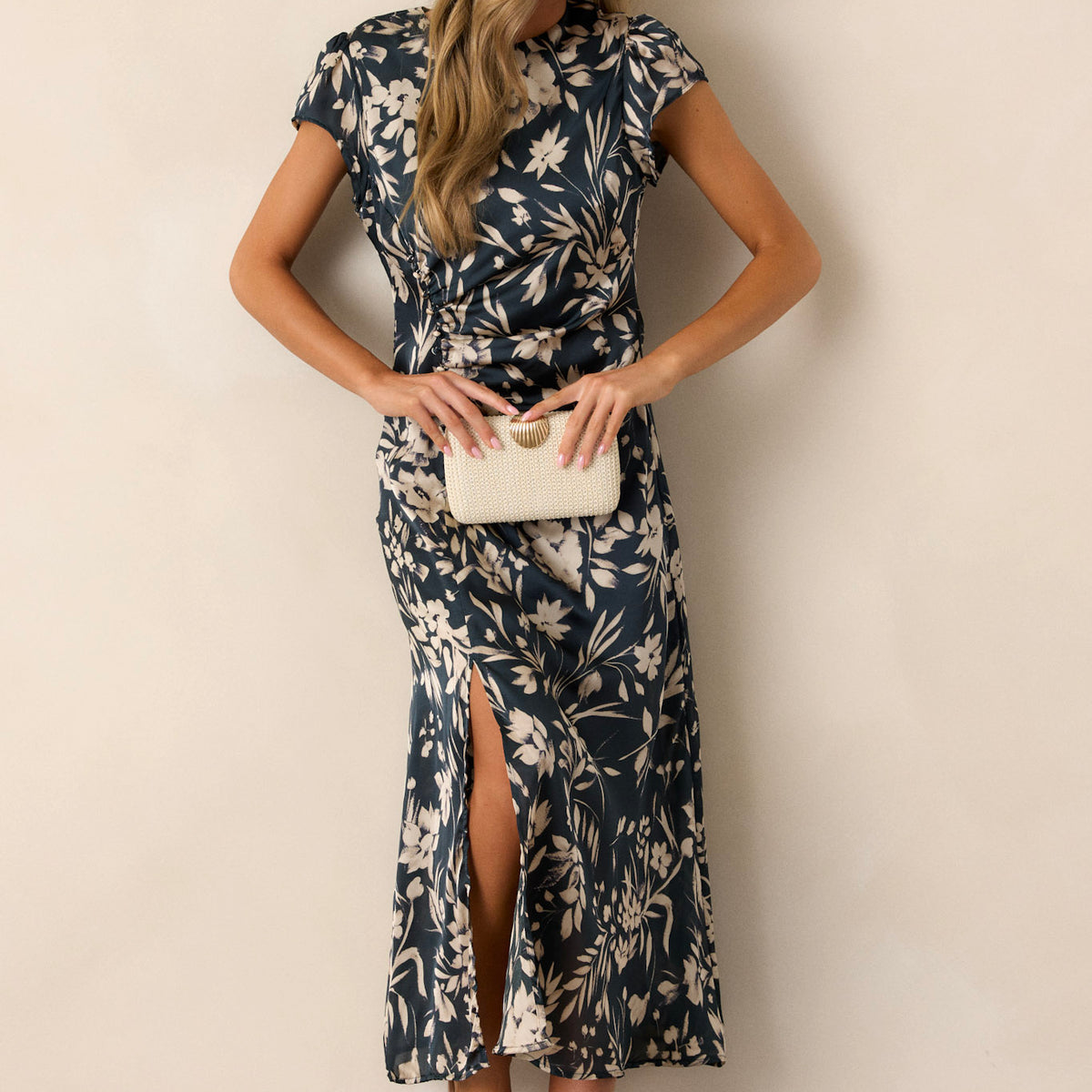 Dark Teal Floral Satin Midi Dress - All Dresses | Red Dress