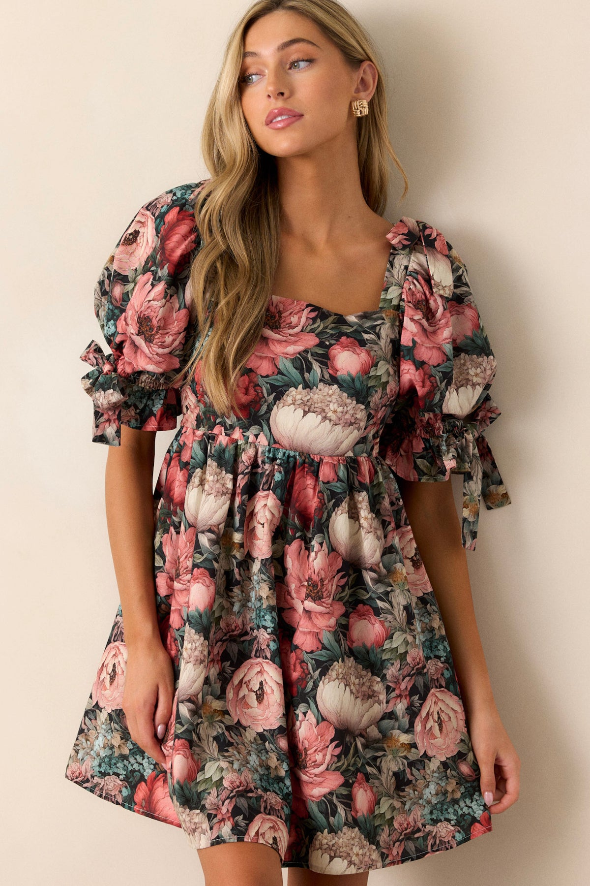 100% Cotton Black Floral Mini Dress