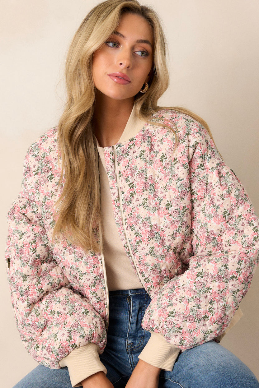 Cherry Pink Pattern Print Women Casual Bomber Jacket