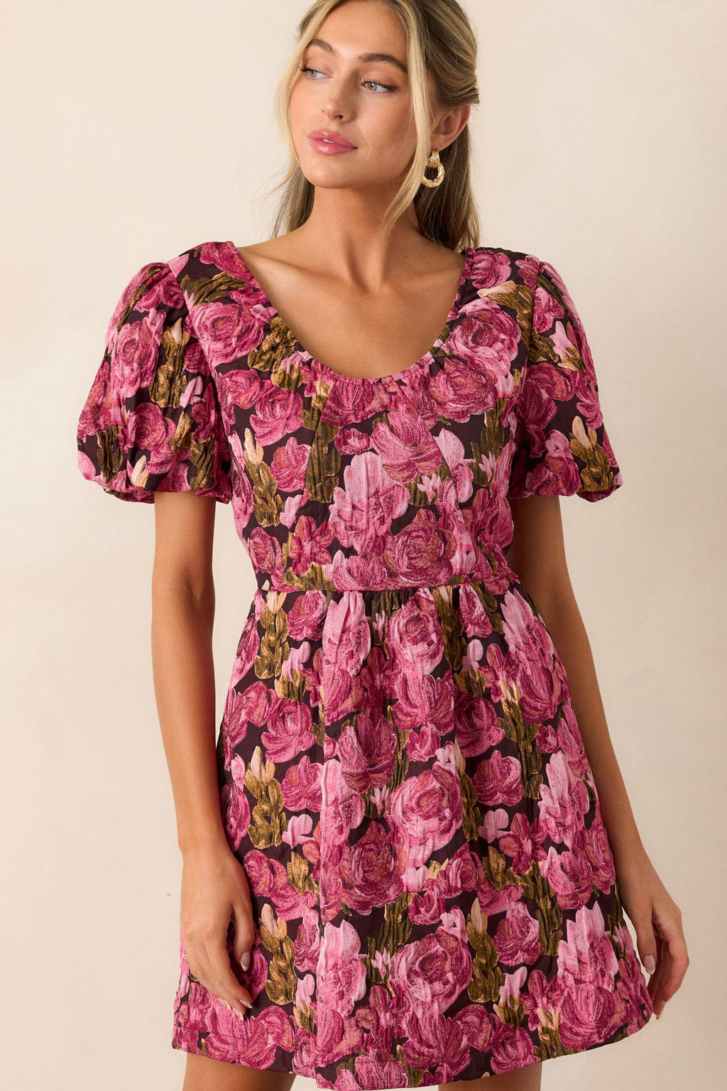 pink multi jacquard puff sleeve darcy mini dress Berry Floral Jacquard Puff Sleeve Mini Dress - All Dresses