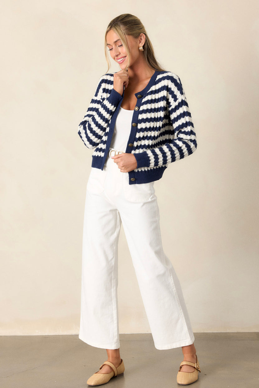 Gray Stripe Button Front Ribbed Trim Short Cardigan
