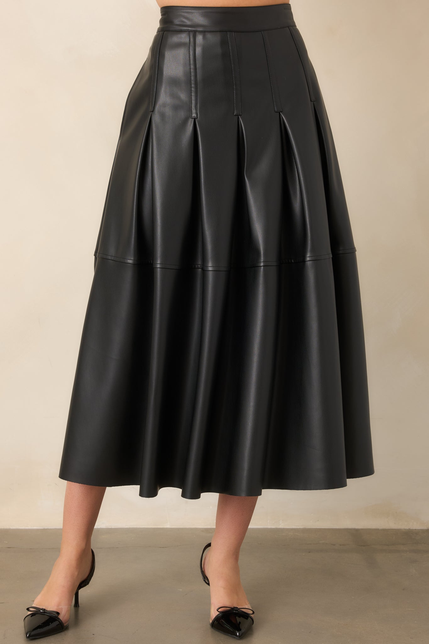 Cut To Perfection Black Faux Leather Pleated Midi Skirt