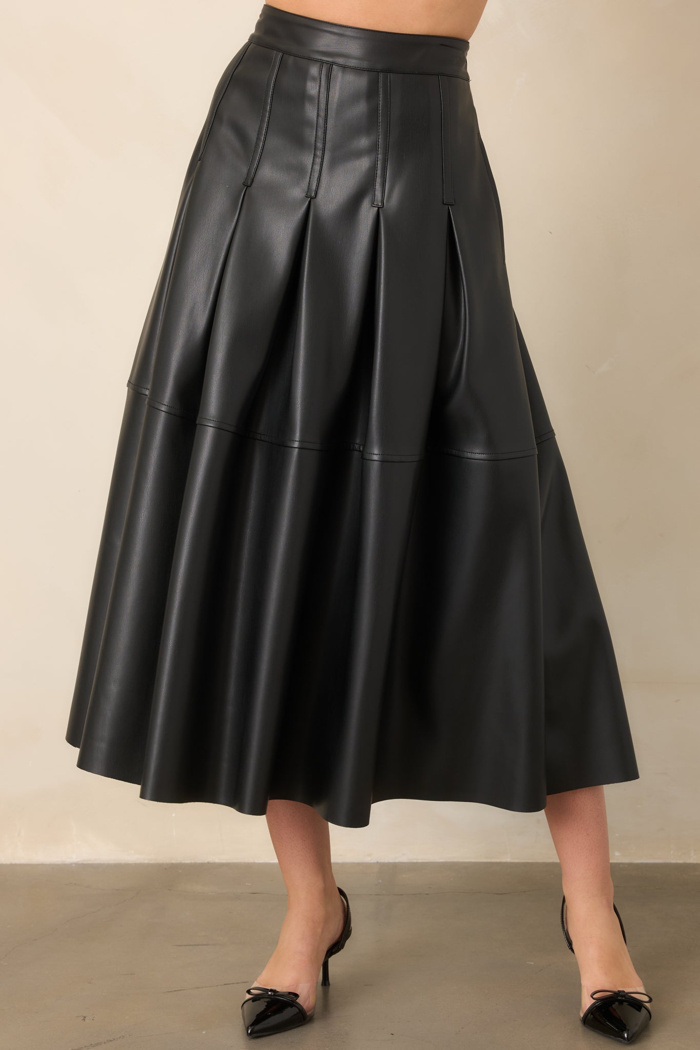 Cut To Perfection Black Faux Leather Pleated Midi Skirt
