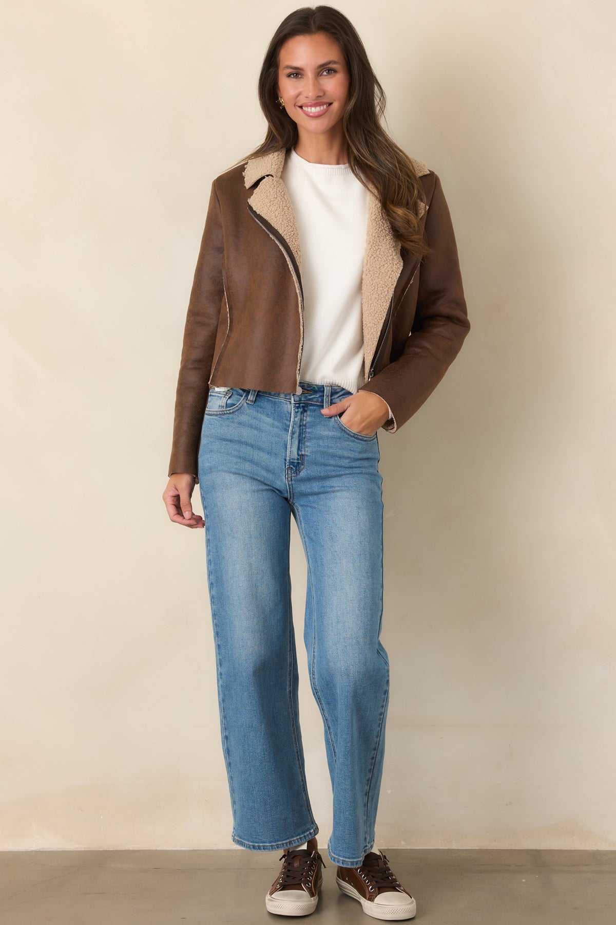 Astrid Wyatt Brown Faux Leather Sherpa Trim Moto Jacket