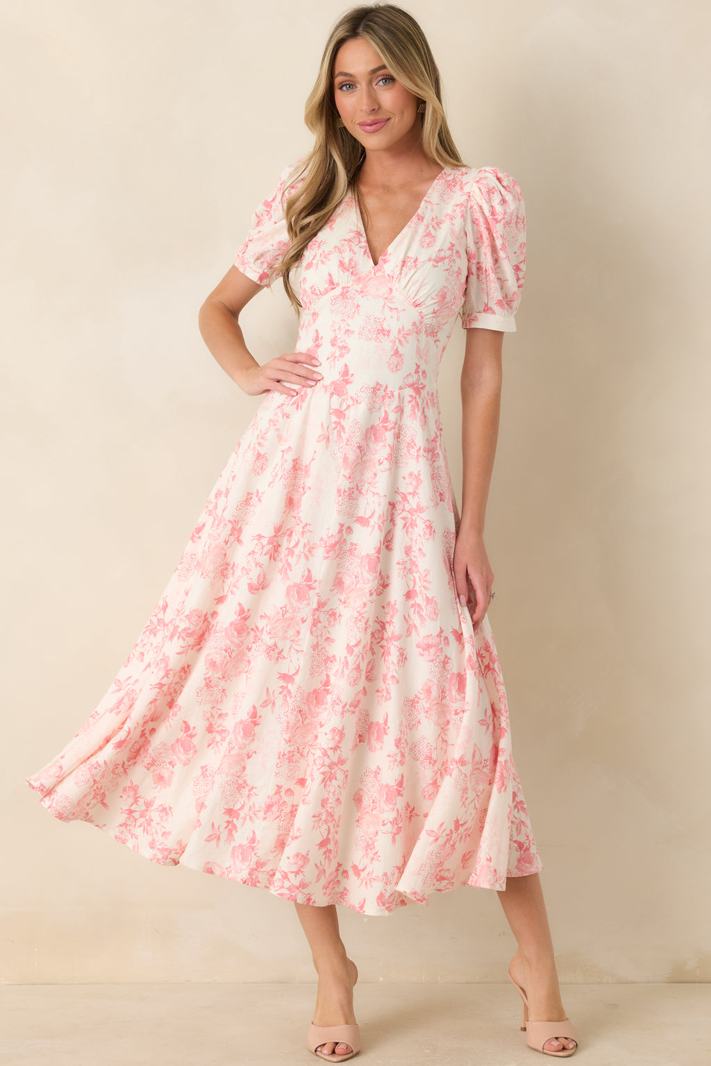 Red Dress | Coral Pink Floral Linen Blend Maxi Dress