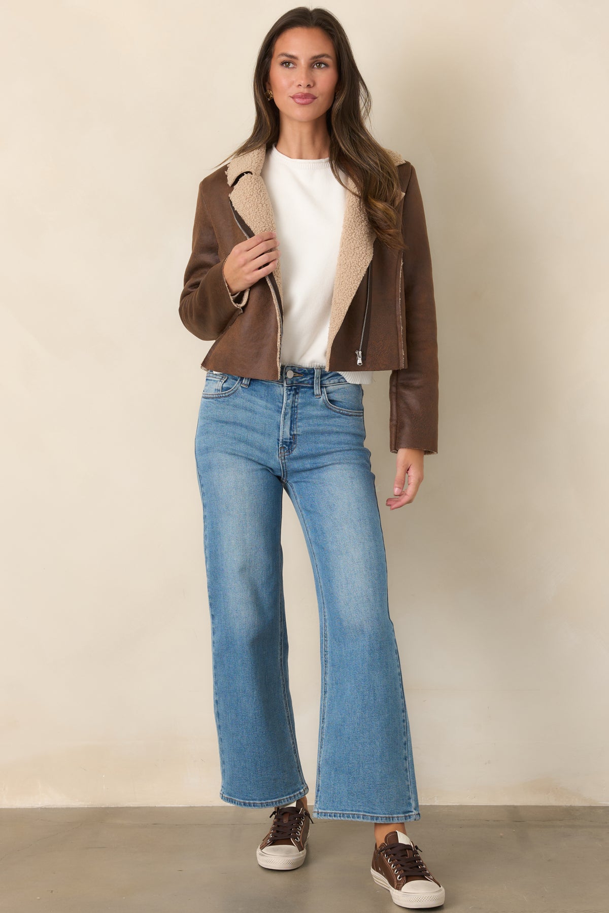 Astrid Wyatt Brown Faux Leather Sherpa Trim Moto Jacket