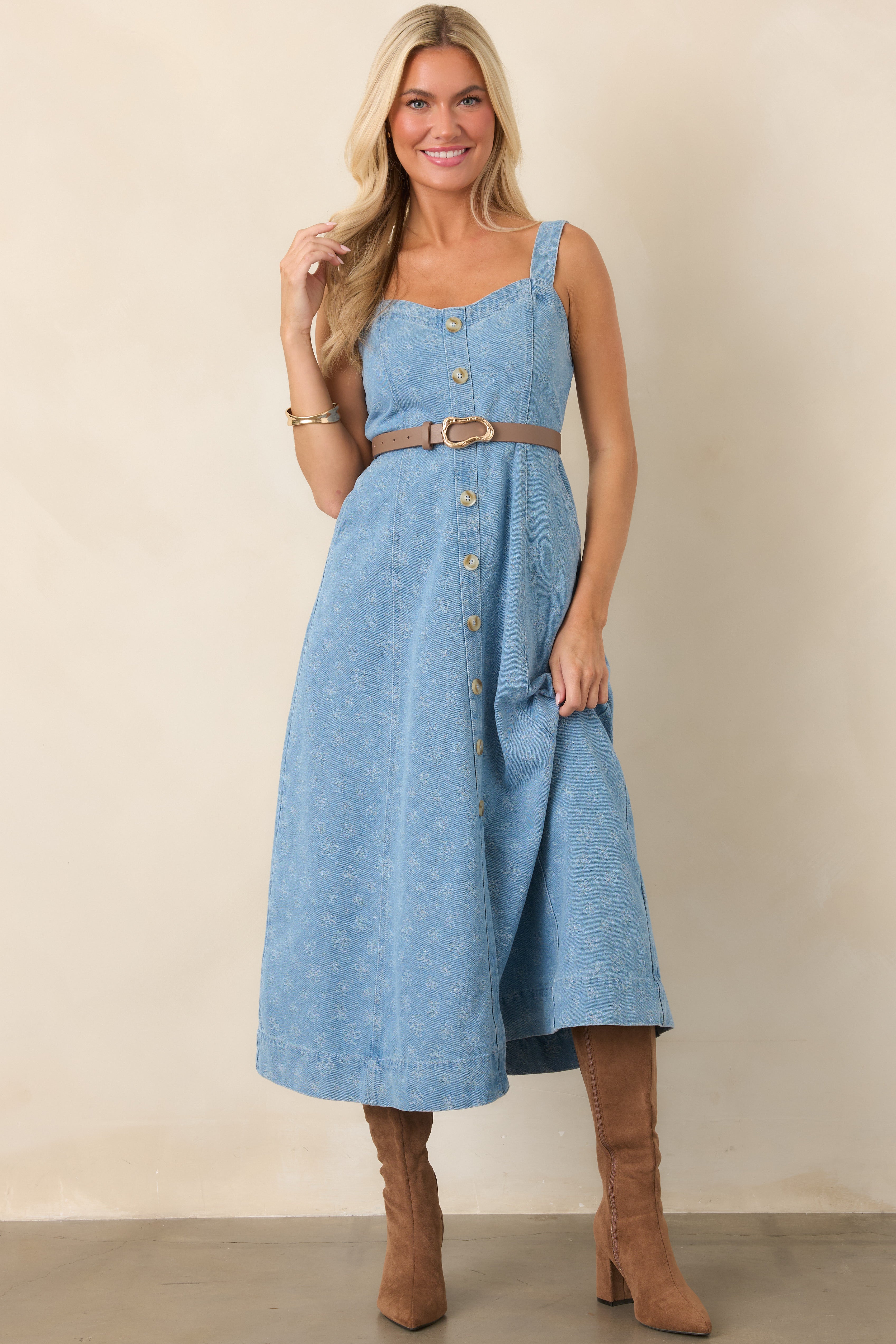 Dreaming in Blue Light Wash Denim Floral Midi Dress