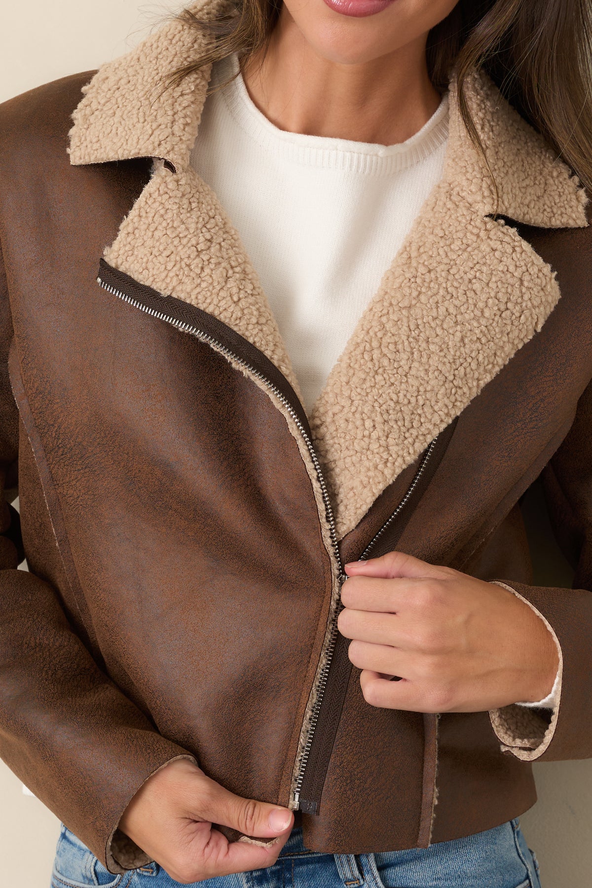 Astrid Wyatt Brown Faux Leather Sherpa Trim Moto Jacket
