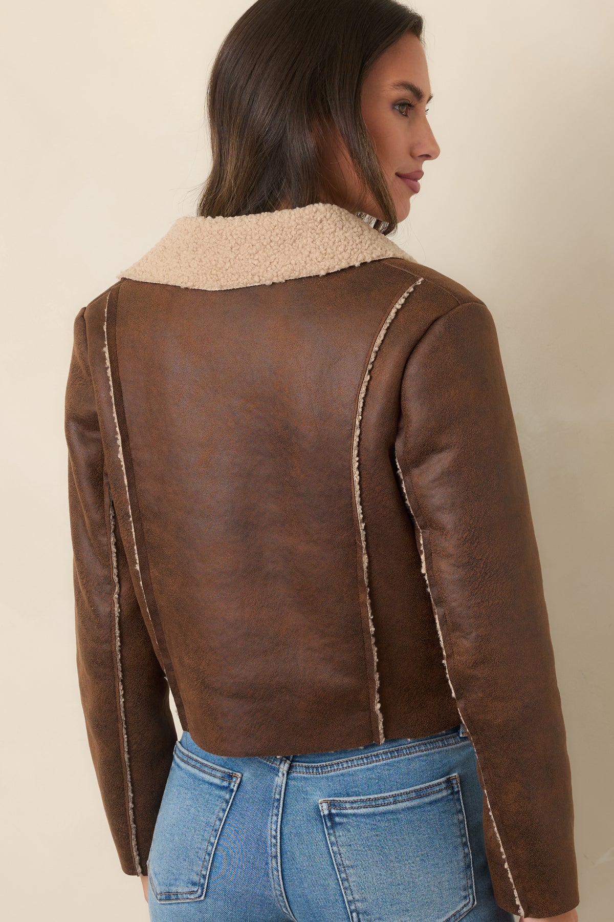 Astrid Wyatt Brown Faux Leather Sherpa Trim Moto Jacket