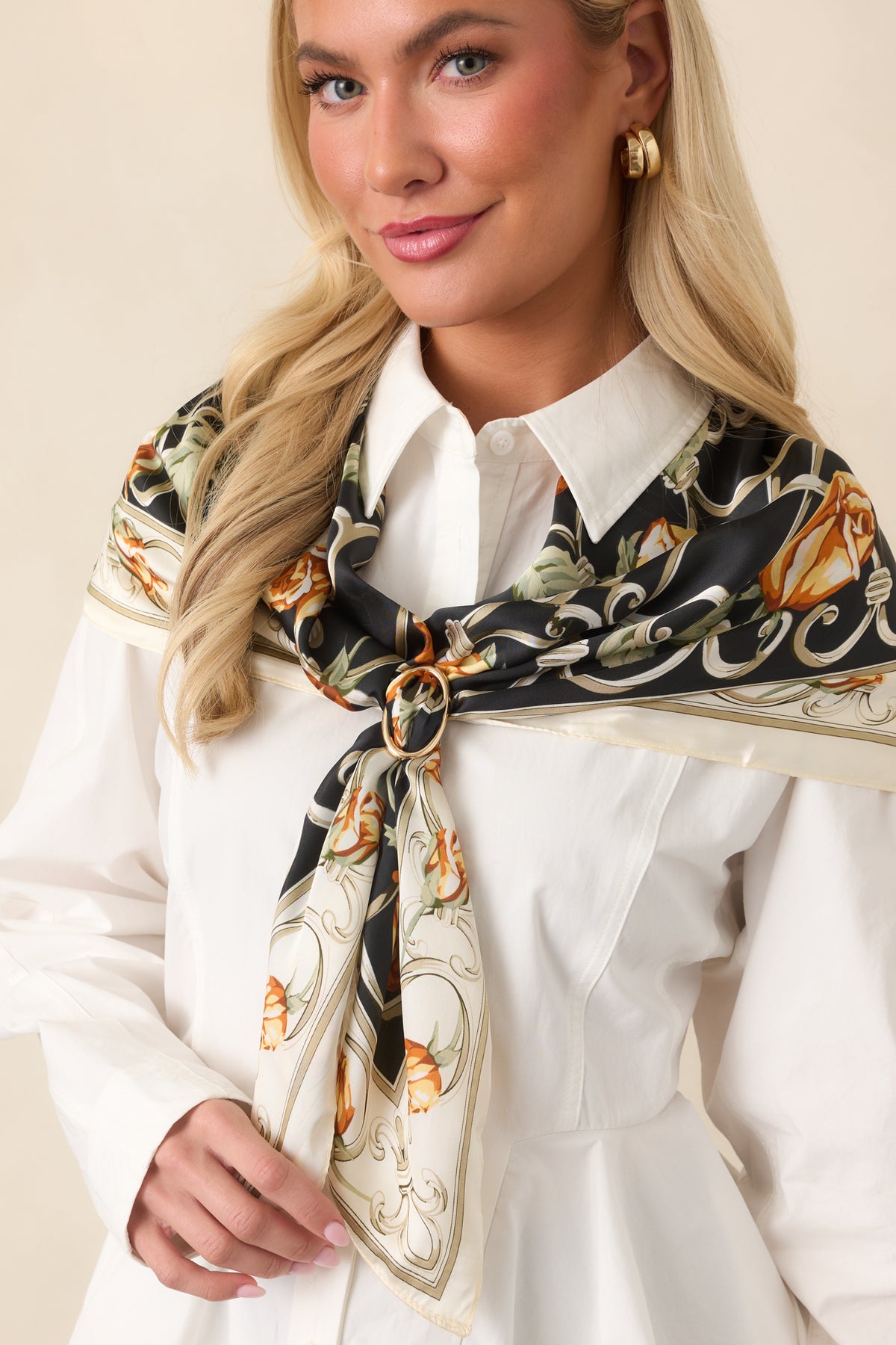 Trellis Of Romance Orange & Black Floral Printed Scarf