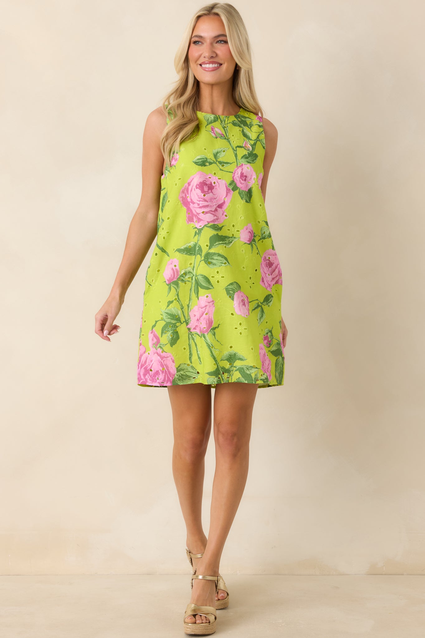 Red Dress | Chartreuse & Pink Cotton Floral Mini Dress