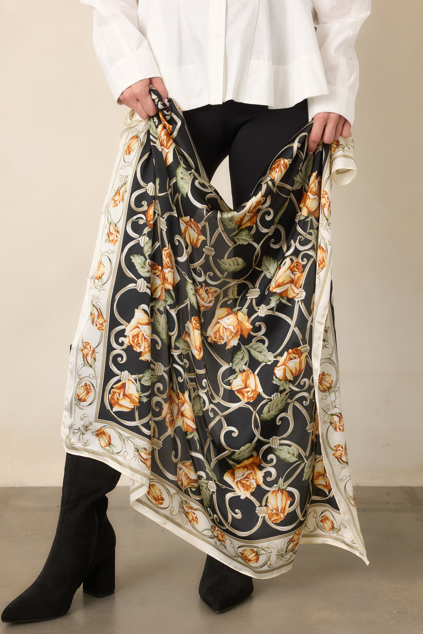 Trellis Of Romance Orange & Black Floral Printed Scarf