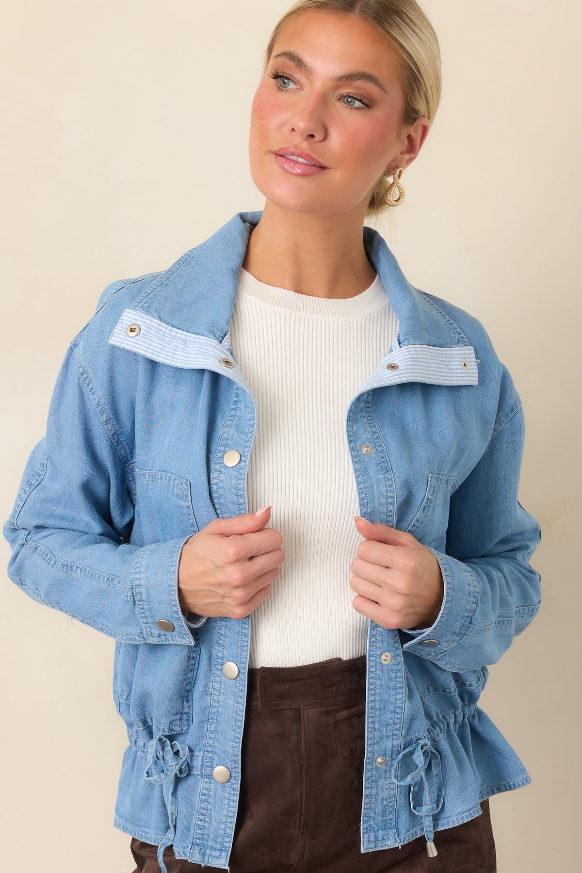 The Right Touch Medium Wash Lightweight Denim Button-Front Jacket