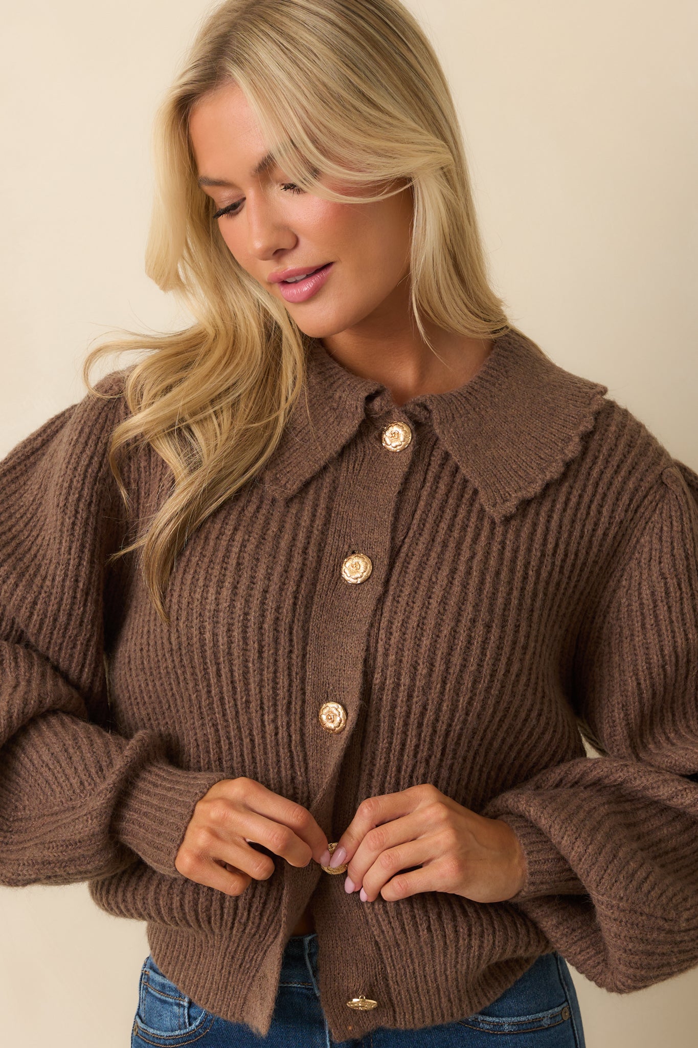Brown Ribbed Knit Button Up Cardigan - Women's Knit Tops | Red Dress