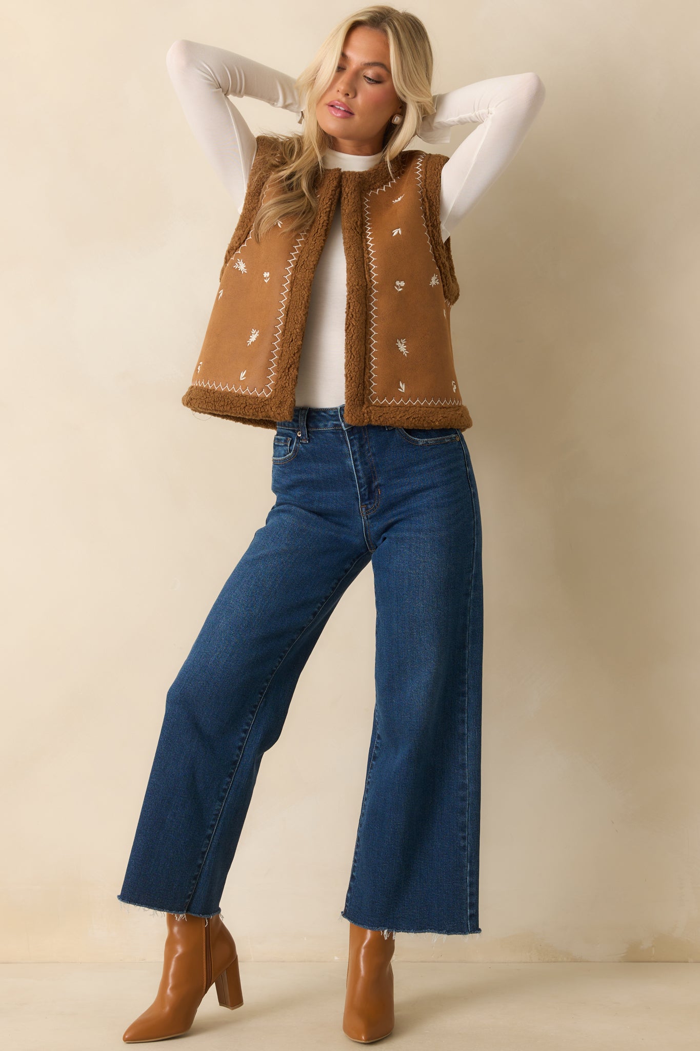 Go Ahead Then Caramel Brown Faux Suede Floral Embroidered Vest