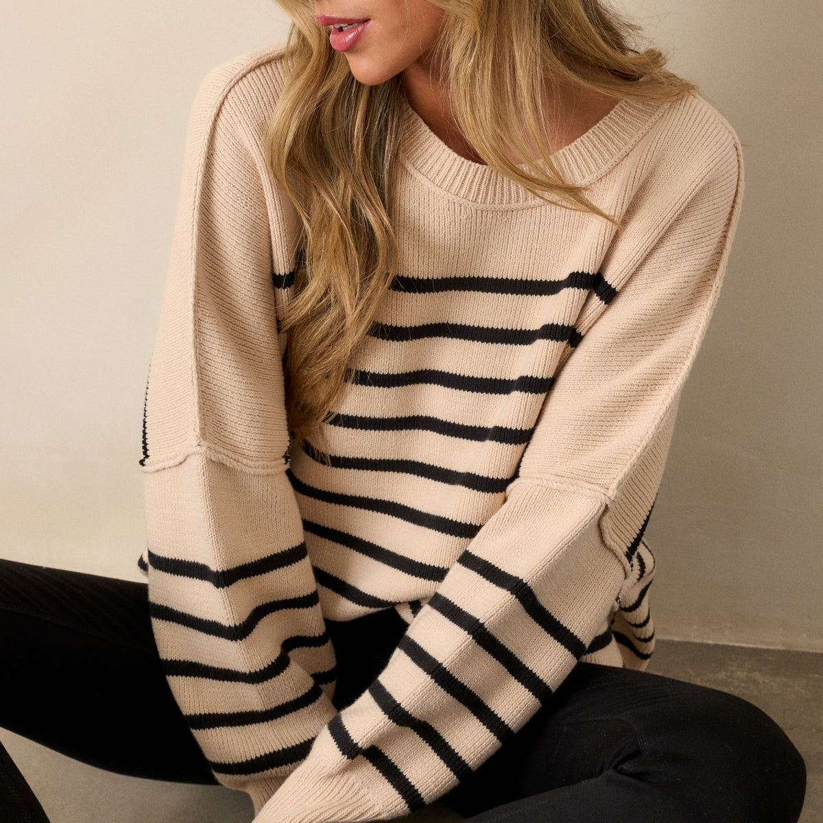 Beige Stripe Knit Sweater - All Tops | Red Dress