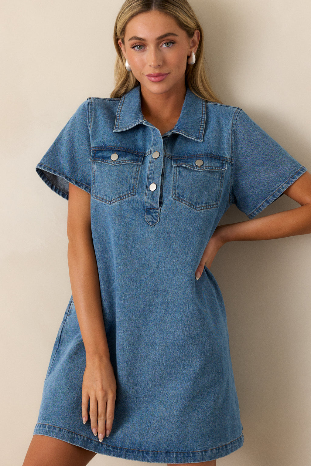 Denim Short Sleeve Mini Dress - All Dresses