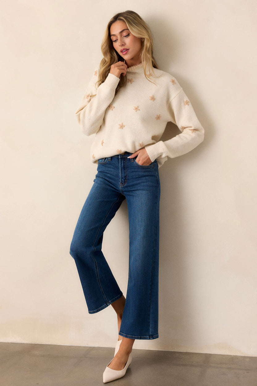 OVERSIZE FLOWER PRINT MOCK NECK SWEATER