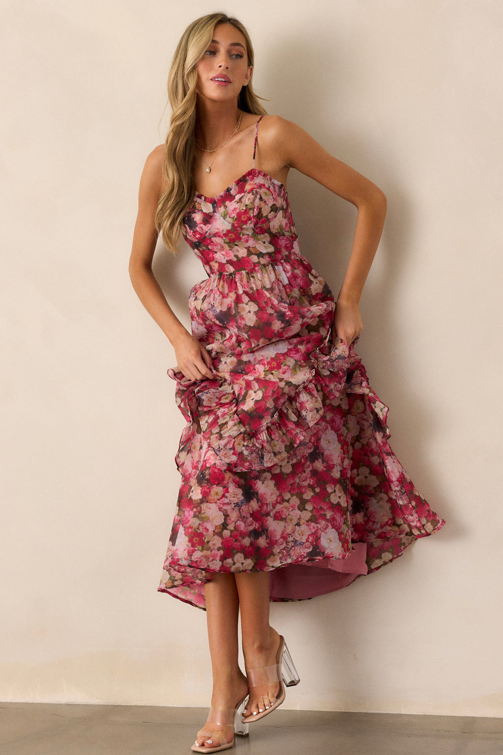 open lace back dress Pink Floral Ruffle Midi Dress - All Dresses