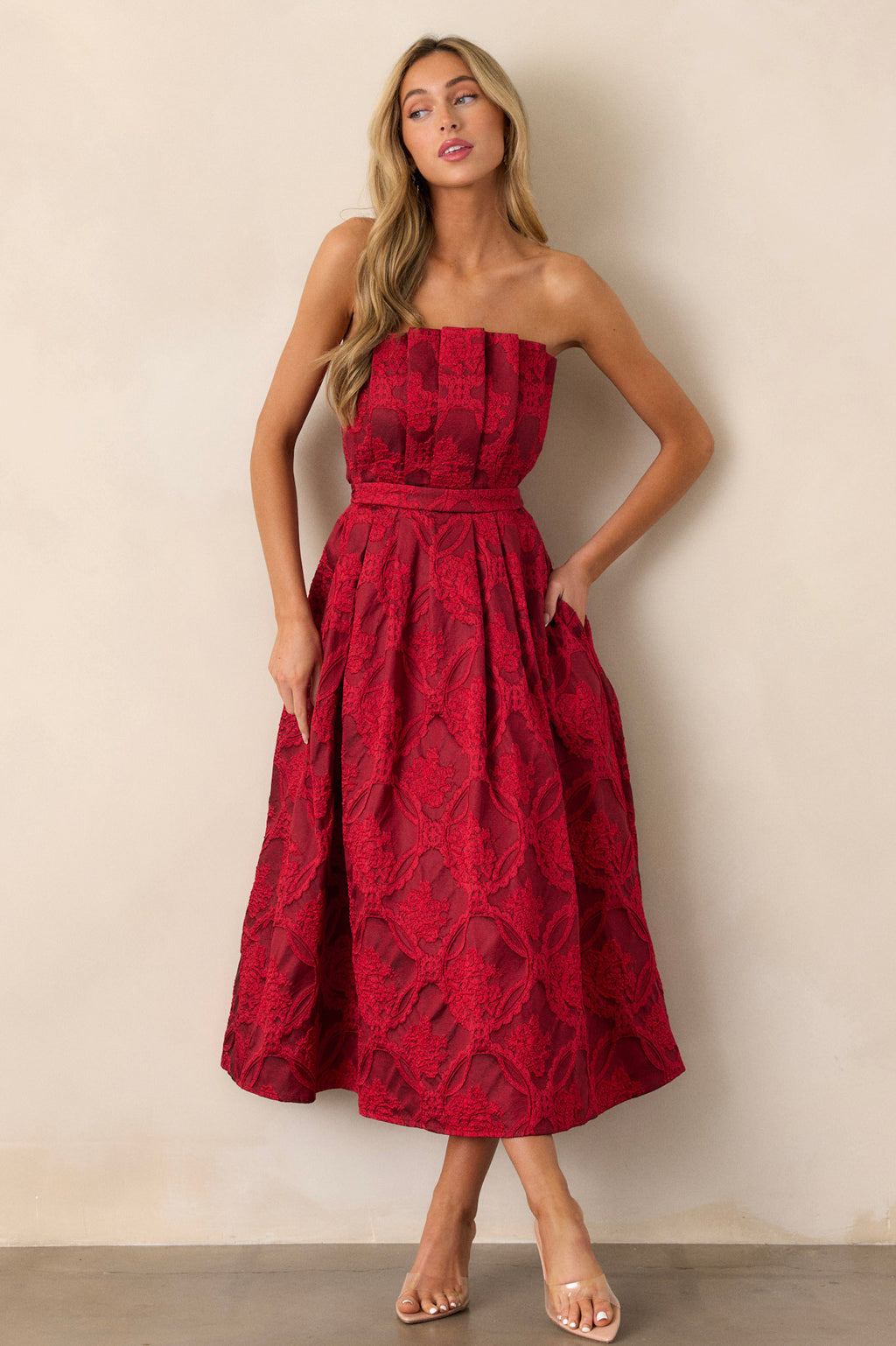 white christmas dresses The Genevieve Red Floral Strapless Midi Dress - All Dresses