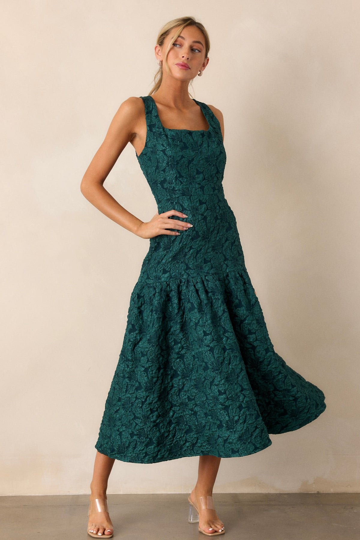 Jacquard Green Drop Waist Midi Dress