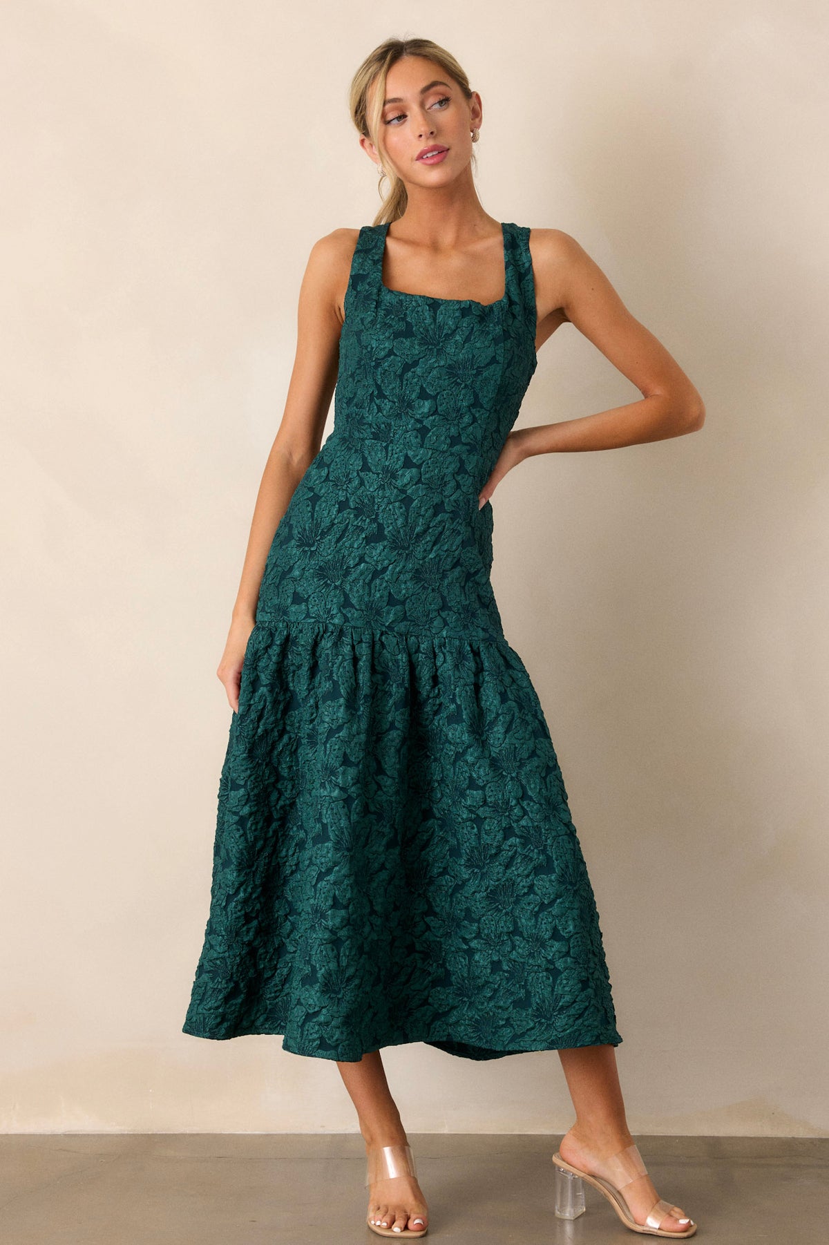 Jacquard Green Drop Waist Midi Dress